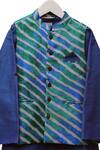 Shop_Kids Lane_Blue Kota Doria, Cotton, Silk Leheriya Print Kurta Set With Jacket_at_Aza_Fashions
