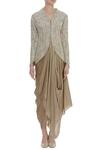 Buy_COUTURE BY NIHARIKA_Beige Cape Organza, Skirt Satin Nalki V Feather Embroidered Jacket And Draped _Online_at_Aza_Fashions