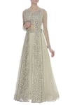 Buy_COUTURE BY NIHARIKA_Cream Net Embroidery Leaf Boat Neck Lehenga With Blouse And Jacket  _at_Aza_Fashions