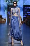 Buy_SVA by Sonam & Paras Modi_Blue Cowl Draped Skirt With Embroidered Blouse And Cape  _at_Aza_Fashions