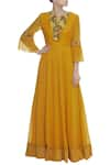 Buy_Desert Shine by Sulochana Jangir_Yellow Linen Notched Floral Embroidered Gown  _at_Aza_Fashions