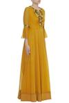 Desert Shine by Sulochana Jangir_Yellow Linen Notched Floral Embroidered Gown  _Online_at_Aza_Fashions