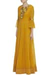 Buy_Desert Shine by Sulochana Jangir_Yellow Linen Notched Floral Embroidered Gown  _Online_at_Aza_Fashions