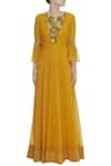 Shop_Desert Shine by Sulochana Jangir_Yellow Linen Notched Floral Embroidered Gown  _Online_at_Aza_Fashions