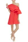 Buy_Gauri & Nainika_Coral Viscose Georgette Asymmetrical Layered Ruffle Dress _at_Aza_Fashions