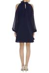 Shop_Gauri & Nainika_Blue Viscose Georgette High Neck Cold Shoulder Tie-up Dress _at_Aza_Fashions