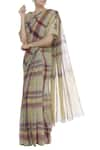 Anavila_Green Linen Plaid Checkered Saree _Online_at_Aza_Fashions