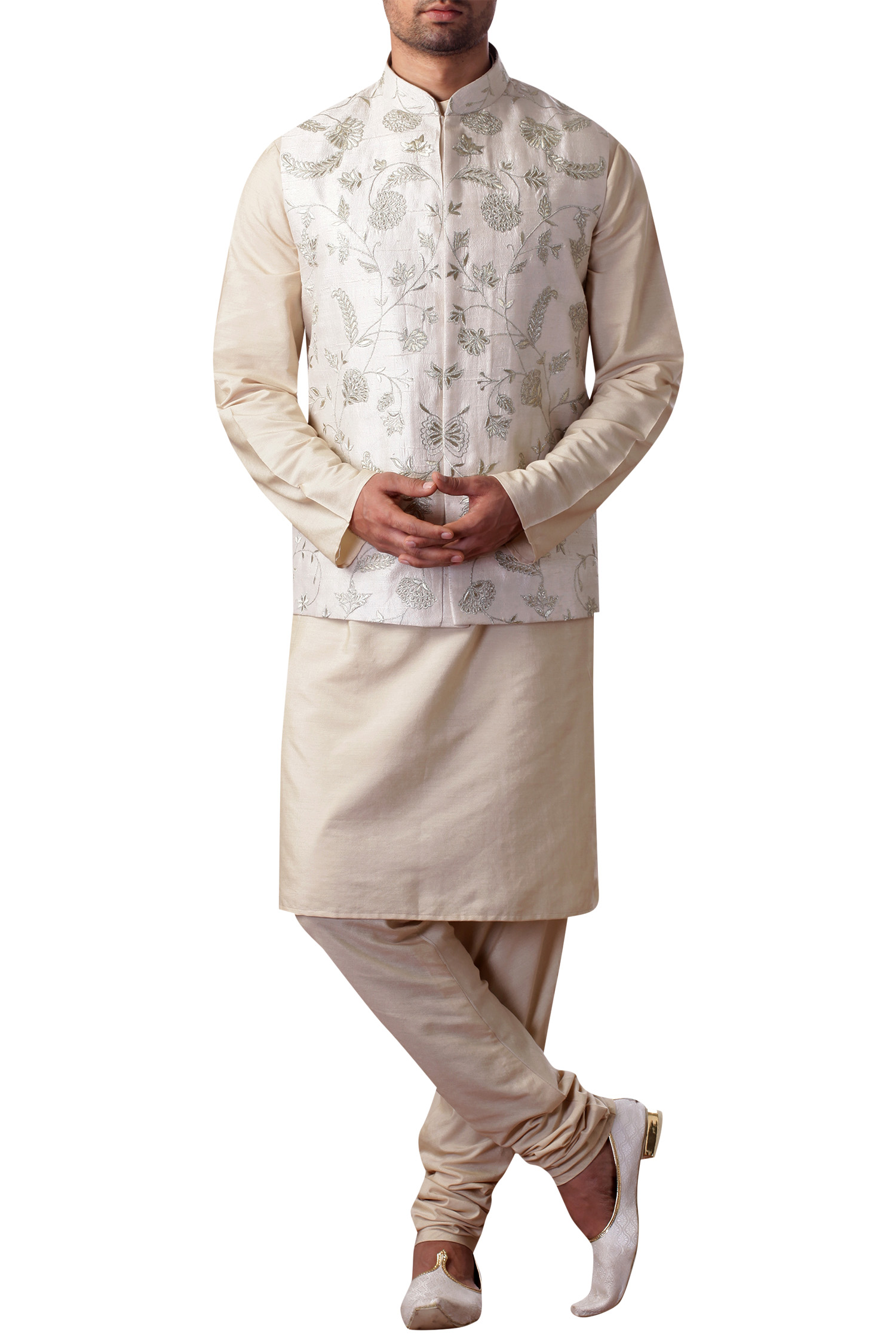 Buy_Kommal Sood_Beige Cotton Silk Embroidered Floral Nehru Jacket And Kurta Set  _at_Aza_Fashions