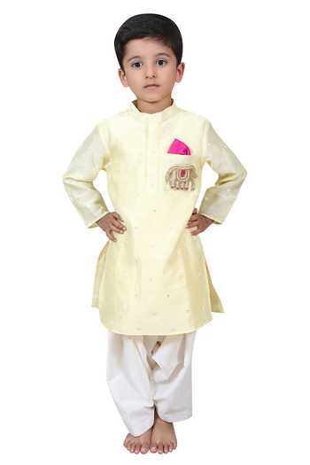 Buy_Kirti Agarwal - Pret N Couture_Yellow Chanderi Sequins Elephant Motif Kurta Set _at_Aza_Fashions