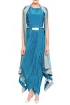 Buy_Soup by Sougat Paul_Blue Crepe Embroidered Geometric Round Draped Dress With Asymmetrical Jacket _at_Aza_Fashions