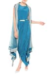 Soup by Sougat Paul_Blue Crepe Embroidered Geometric Round Draped Dress With Asymmetrical Jacket _Online_at_Aza_Fashions