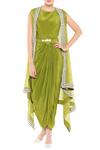 Soup by Sougat Paul_Green Crepe Draped Dress With Asymmetrical Jacket_Online_at_Aza_Fashions