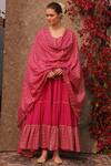 Seema Nanda_Pink Cotton Mul Floral, Sequins Leaf Tiered Anarkali Set _Online_at_Aza_Fashions