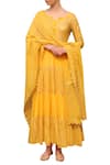 Buy_Seema Nanda_Yellow Cotton Mul Printed Sequin Leaf Neck Floral Anarkali Set By Seema Nanda _at_Aza_Fashions