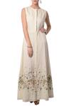 Buy_5x By Ajit Kumar_Cream Linen Floral Embroidered Dress_at_Aza_Fashions