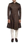 Buy_More Mischief_Brown Linen Silk Embroidered Zardosi Flared Sherwani Set  _at_Aza_Fashions