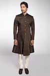 More Mischief_Brown Linen Silk Embroidered Zardosi Flared Sherwani Set  _Online_at_Aza_Fashions