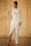 Buy_Tarun Tahiliani_Ivory Pre-draped Embroidered Saree Gown_at_Aza_Fashions