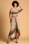 Malini Ramani_Beige Cheesecloth Printed Off Shoulder Dress_Online_at_Aza_Fashions