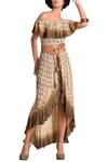 Buy_Malini Ramani_Beige Cheesecloth Printed Off Shoulder Dress_at_Aza_Fashions