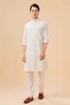 Raghavendra Rathore Blue_Off White Raw Silk Straight Pleated Kurta _Online_at_Aza_Fashions