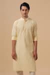 Shop_Raghavendra Rathore Blue_Yellow Raw Silk Pleated Straight Kurta _Online_at_Aza_Fashions