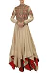 Buy_Samant Chauhan_Gold Shimmer Cotton Embroidered Thread High Neck Asymmetric Kurta _at_Aza_Fashions