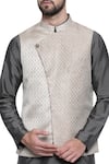 Shop_Mayank Modi - Men_Beige Silk Jaquard Overlap Style Nehru Jacket  _Online_at_Aza_Fashions