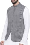 Mayank Modi - Men_Grey Linen Printed Geoemtric Stripe Nehru Jacket  _Online_at_Aza_Fashions