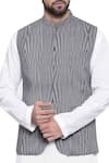 Shop_Mayank Modi - Men_Grey Linen Printed Geoemtric Stripe Nehru Jacket  _Online_at_Aza_Fashions