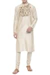 Buy_Mayank Modi - Men_Beige Silk Chanderi Print Floral Kurta With Churidar _at_Aza_Fashions