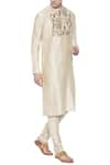 Mayank Modi - Men_Beige Silk Chanderi Print Floral Kurta With Churidar _Online_at_Aza_Fashions