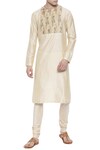 Shop_Mayank Modi - Men_Beige Silk Chanderi Print Floral Kurta With Churidar _Online_at_Aza_Fashions