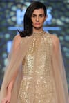 Rabani & Rakha_Gold Mandarin Collar Embroidered Jumpsuit With Cape  _Online_at_Aza_Fashions