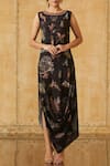 Buy_Tarun Tahiliani_Black Cowl Draped Printed Dress_at_Aza_Fashions