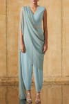 Buy_Tarun Tahiliani_Blue V Neck Jumpsuit With Saree Drape _at_Aza_Fashions