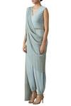 Tarun Tahiliani_Blue V Neck Jumpsuit With Saree Drape _Online_at_Aza_Fashions