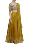 Neha Khullar_Yellow Raw Silk Leaf Neck Embroidered Lehenga Set  _Online_at_Aza_Fashions