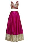 Buy_Neha Khullar_Pink Raw Silk V Neck Embroidered Lehenga Set  _Online_at_Aza_Fashions