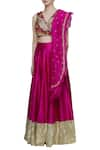 Shop_Neha Khullar_Pink Raw Silk V Neck Embroidered Lehenga Set  _Online_at_Aza_Fashions