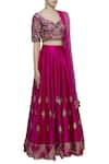 Neha Khullar_Pink Raw Silk Leaf Neck Embroidered Lehenga Set  _Online_at_Aza_Fashions