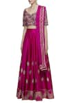 Shop_Neha Khullar_Pink Raw Silk Leaf Neck Embroidered Lehenga Set  _Online_at_Aza_Fashions