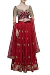 Buy_Neha Khullar_Red Raw Silk Leaf Neck Embroidered Lehenga Set  _at_Aza_Fashions