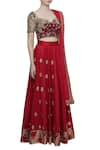 Neha Khullar_Red Raw Silk Leaf Neck Embroidered Lehenga Set  _Online_at_Aza_Fashions