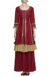 Buy_Sonam Luthria_Maroon Linen Gorgette Round Embroidered Kurta Sharara Set  _Online_at_Aza_Fashions