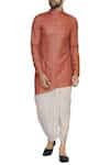 Buy_Pranay Baidya_Orange Moga Silk Plain Pleated Asymmetric Short Kurta  _at_Aza_Fashions