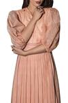 Shop The Loom Art Peach Kota Doriya Silk Thread Embroidery V Neck Pleated Midi Dress Online at Aza Fashions Shop_The Loom Art_Peach Kota Doriya Silk Thread Embroidery V Neck Pleated Midi Dress _Online_at_Aza_Fashions