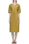 Buy_Chambray & Co._Yellow V Neck Embroidered And Pintuck Detail Kurta _Online_at_Aza_Fashions