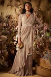 Shop_Ridhi Mehra_Beige Chiffon Ruffle Saree With Blouse And Belt_Online_at_Aza_Fashions