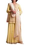 Buy_Sue Mue_Yellow Cotton Kurta Split Neck Handloom Embroidered Sharara Set _at_Aza_Fashions